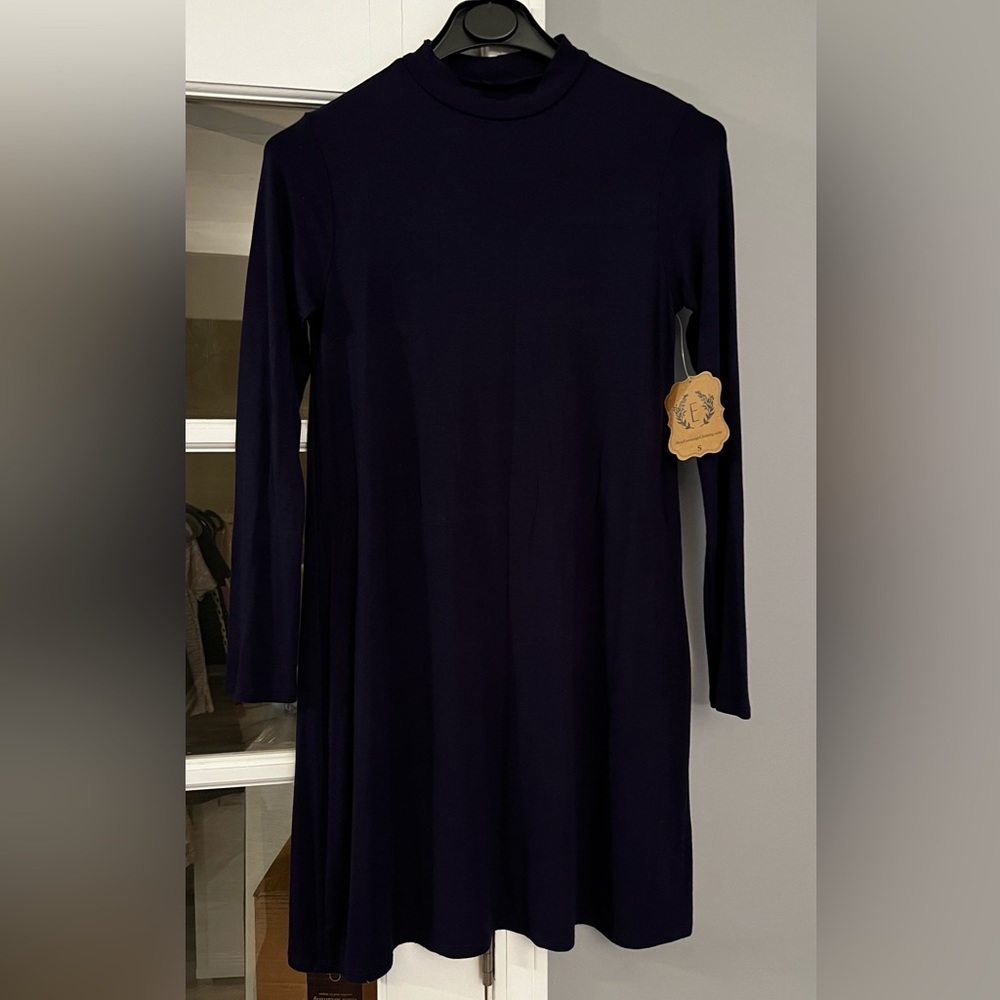 Navy High Neck Dress, Size S. T-shirt material. NWT.